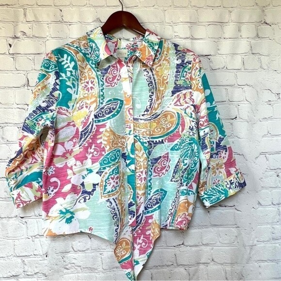 CHICO'S Top Floral Button Up Tie Front 3/4 Sleeve 100% Cotton - Picture 4 of 10